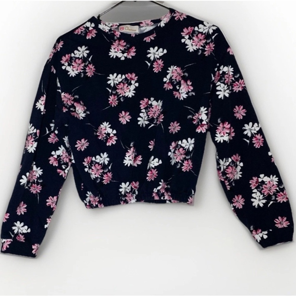 Charisma Womens Navy Blue w‎ White & Pink Flowers Floral Long Sleeve Crop Top S